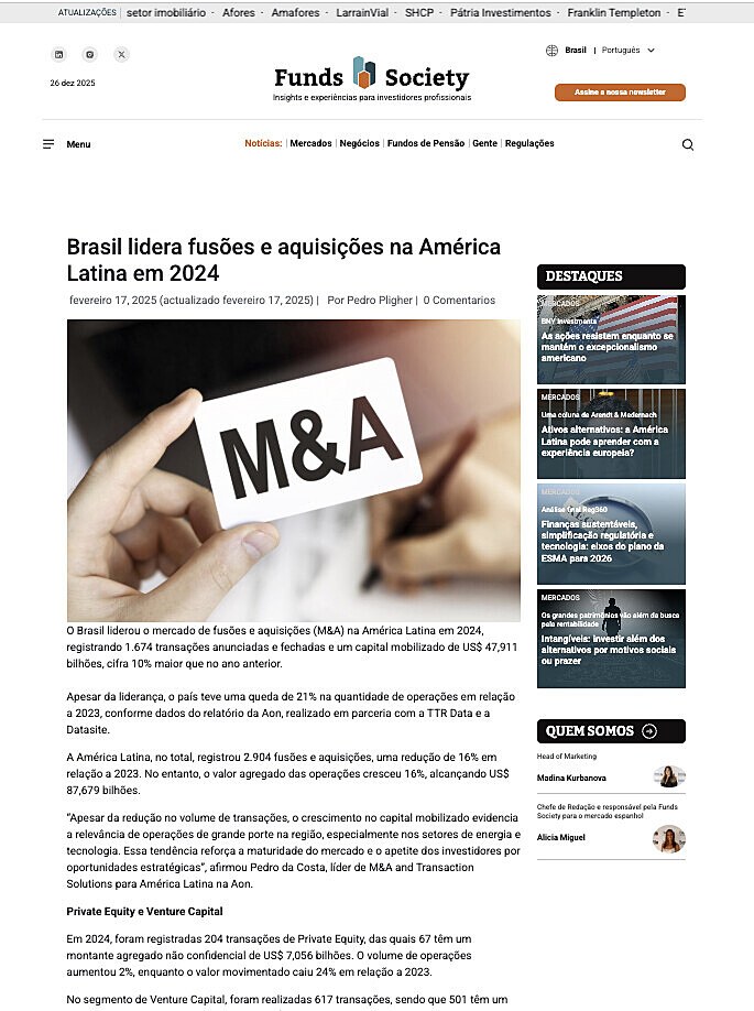 Brasil lidera fus�es e aquisi��es na Am�rica Latina em 2024